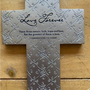 Silver Cross Bible verse (love is Forever) written in black. Home Decor